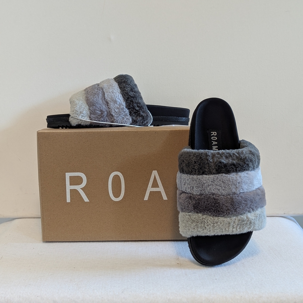 ROAM Furry Striped Slides Sandals Fuzzy Comfy NEW Twilight Prism Greys 6 EU36